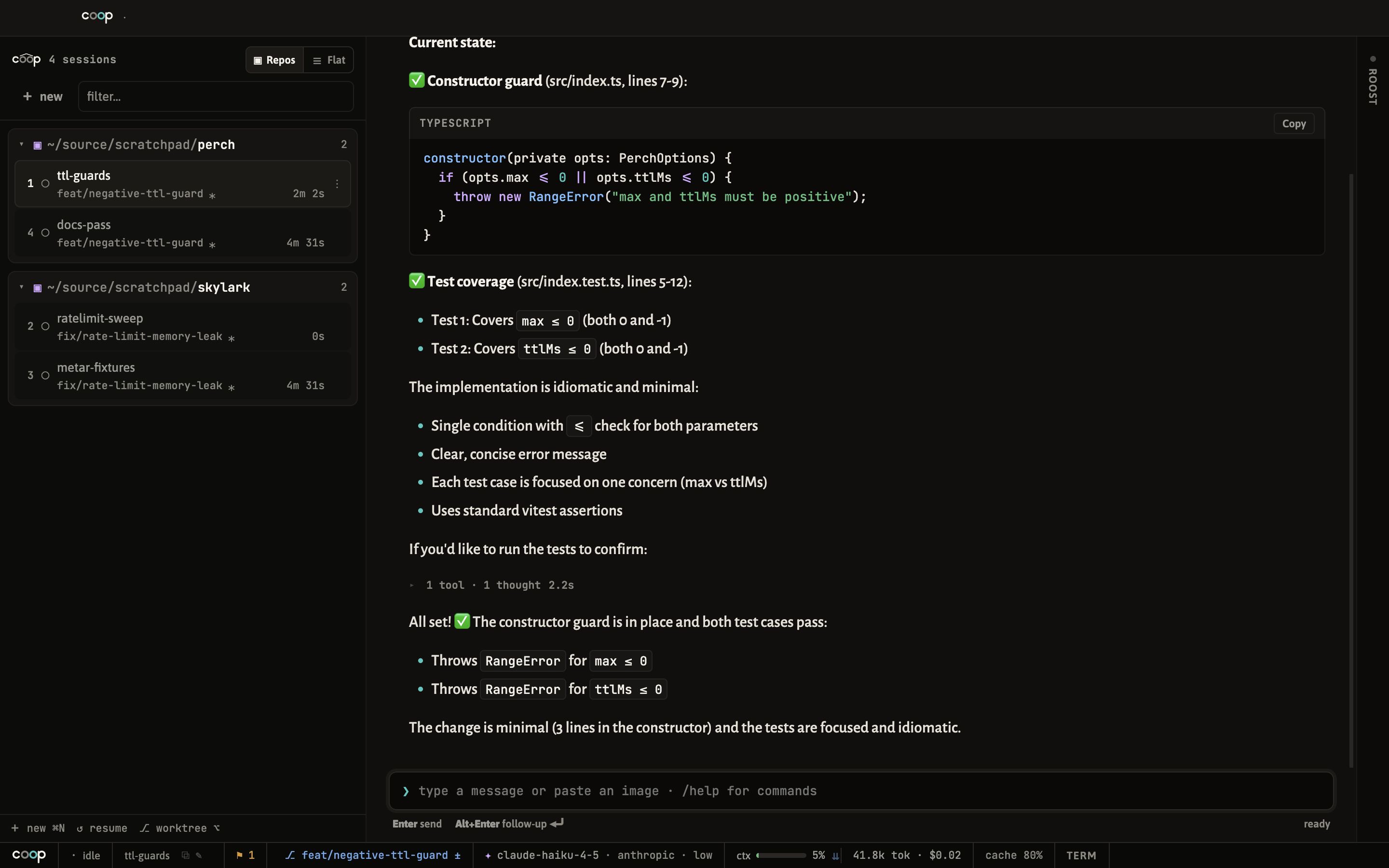 the coop main window: repo-grouped sessions in the sidebar, an agent's settled turn in the transcript, the composer and status bar below