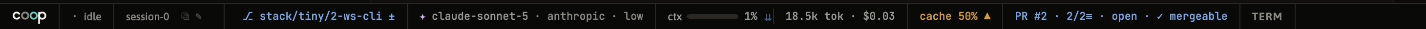 the status bar's stack chip: PR #2 · 2/2≡ · open · ✓ mergeable
