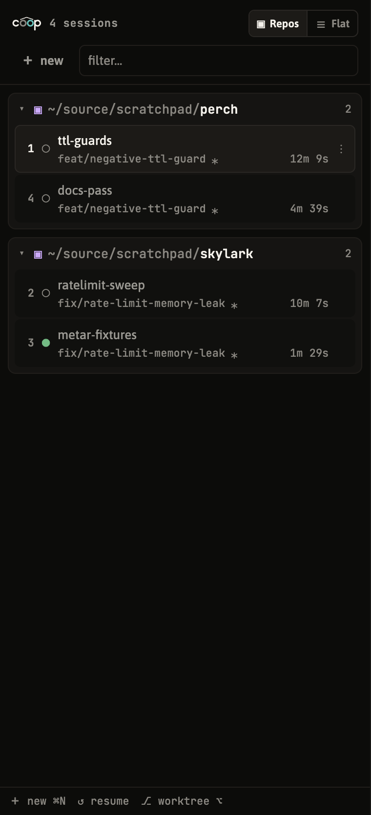 the sidebar: sessions grouped into repo bays, each on its own branch